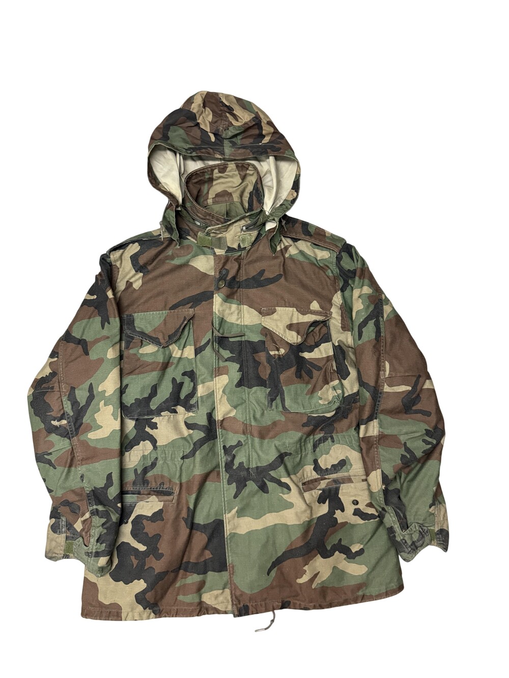 Vintage US Army Coat Mens MT Woodland Camo Cold Weather Field Hooded Parka 80s